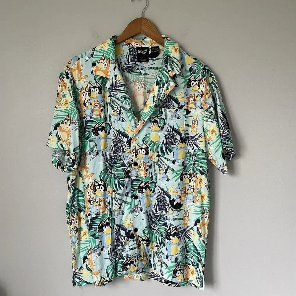 Bluey Hawaiian Button Up Shirt Top Lightweight Cartoon Beach Casual Camp Men's M